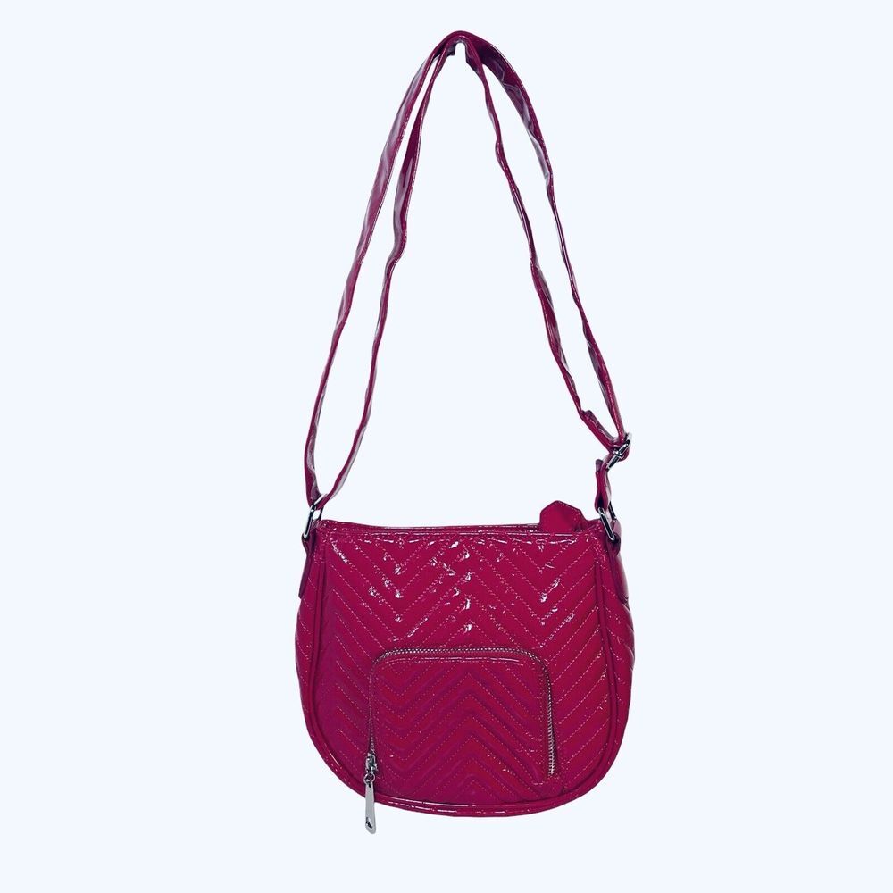 Big‎ Buddha Crossbody Bag Shoulder Tote Bright Pink Faux Patent Leather Chevron - Picture 10 of 16